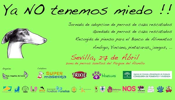 La Jornada de Adopción de Perros de Caza Rescatados y Quedada de Perros de Caza Adoptados se realizará en la Zona de Perros Sueltos del Parque del Alamillo, Sevilla, el próximo domingo 27 de Abril.